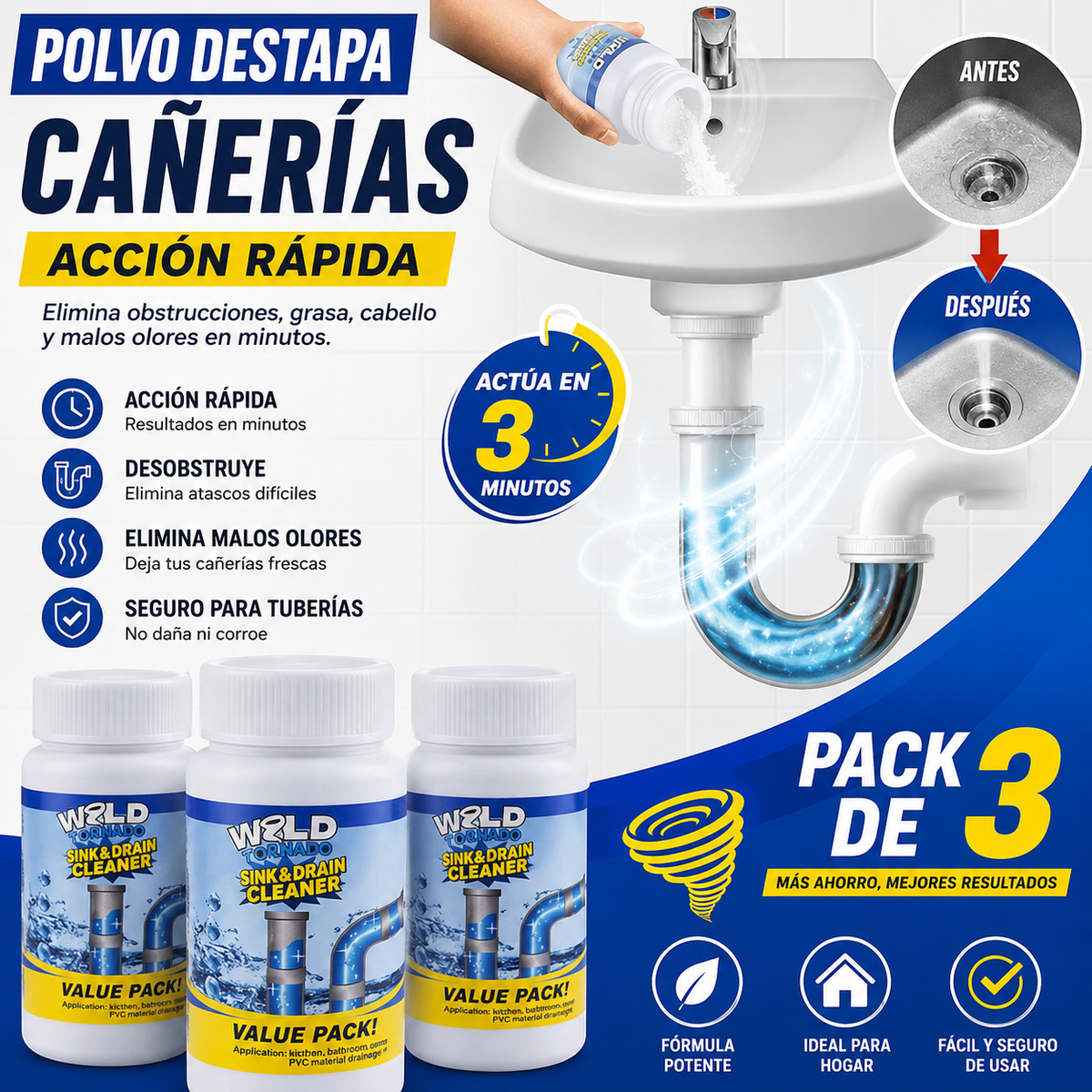 Polvo Limpiador De Drenaje - (Pack 3) - ACCIÓN INSTANTÁNEA