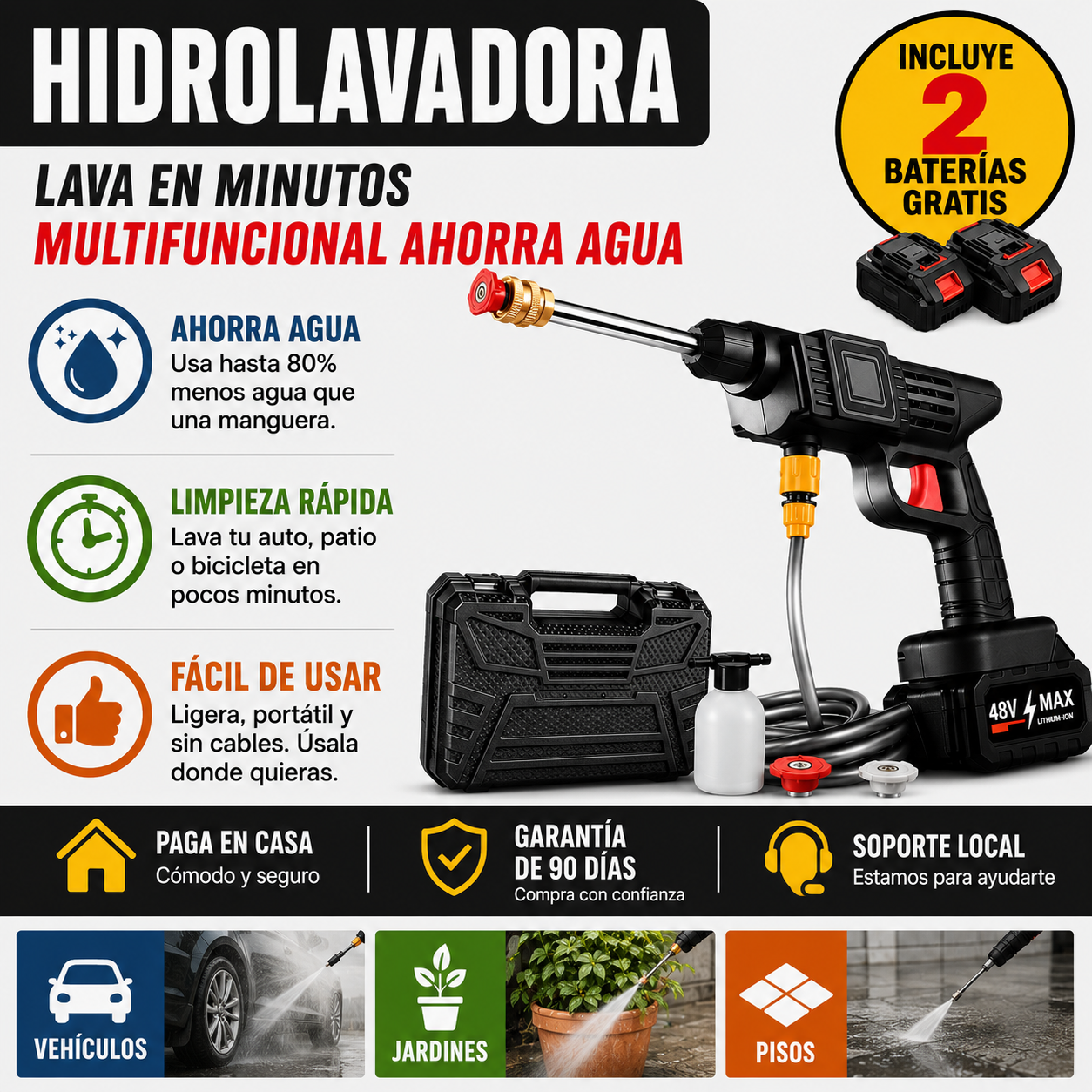 Hidrolavadora Portátil + 2 Baterías de Regalo GRATIS